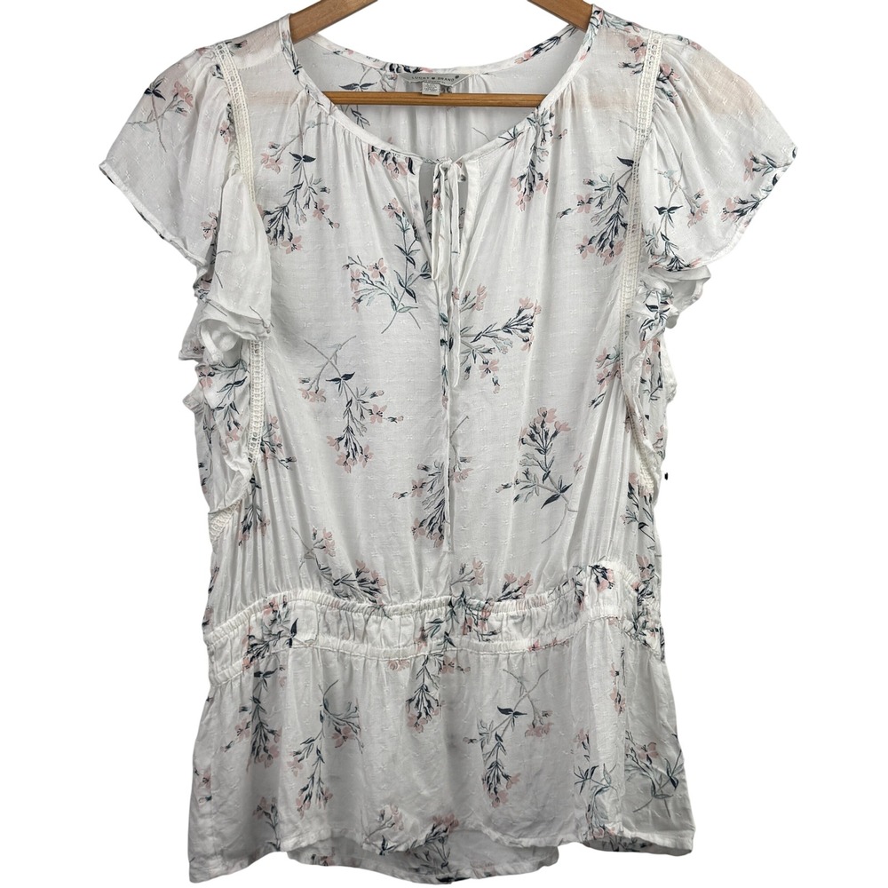 Lucky Brand Womens White Floral Flutter Sleeve Tie Neck Peasant Boho Top Large